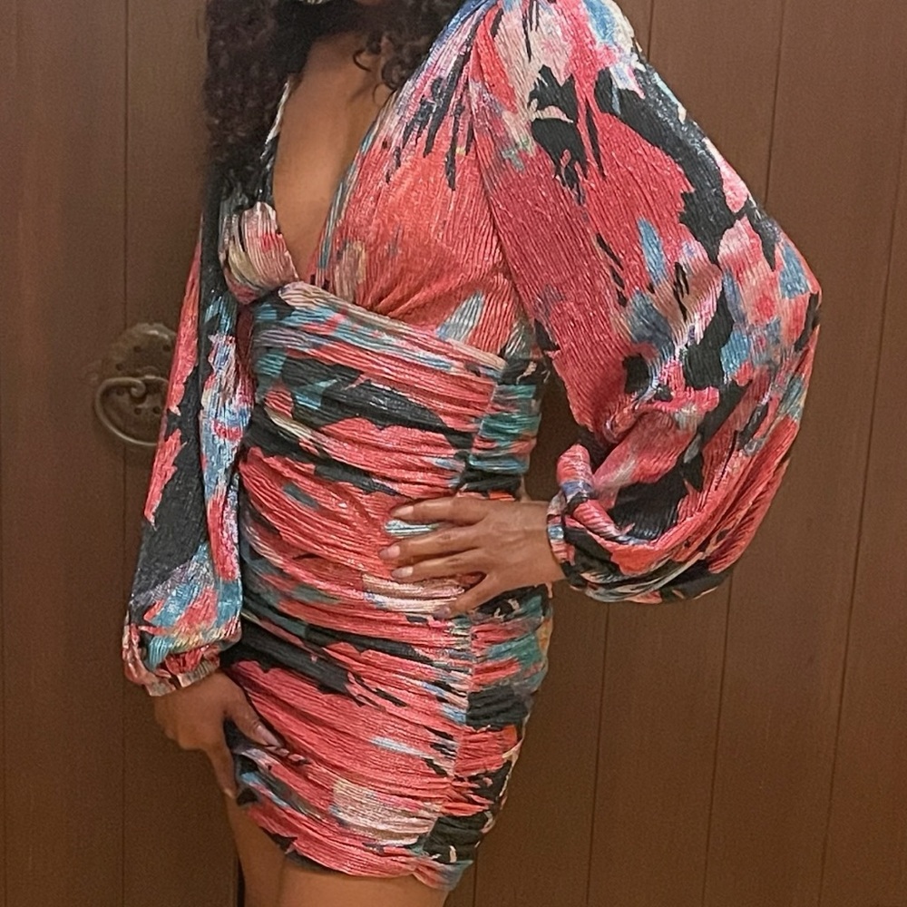 Nichole Lynel Ruched Metallic Print Mini Dress